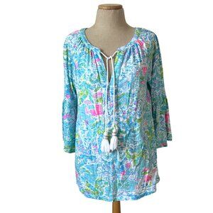 Lilly Pulitzer Women's Size M Tropical Print Bell Sleeve Tunic Top Tassel Ties